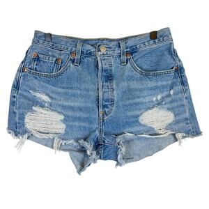 Levi’s Original 501 High Rise Cut Off Distressed Denim Shorts Blue - W28 28